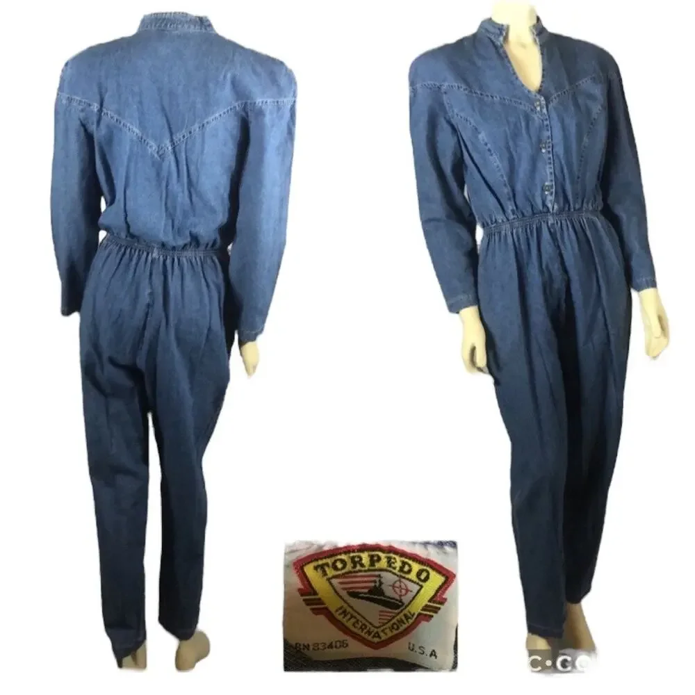 Vintage 1980s Torpedo International Denim Jumpsuit USA Western medium - Picture 8 of 12